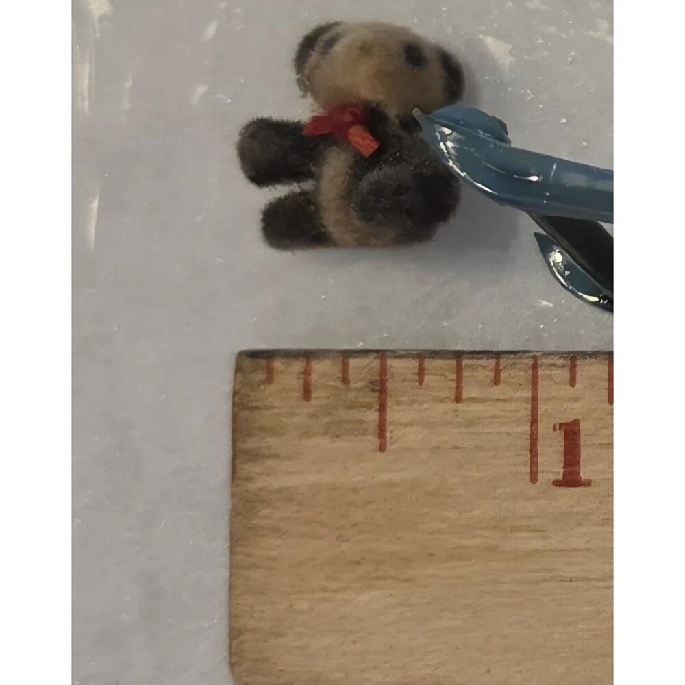 VTG Bodo Hennig Wooden Dollhouse Rocking Cradle Caco Baby & Felt Bear Nursery